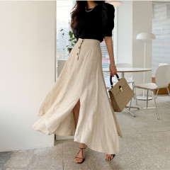 Elastic waist irregular cotton hemp half length swing skirt