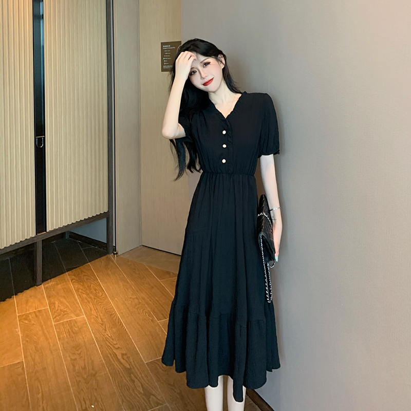Real price plus size women's fat MM gas wrinkled ruffled pearl button short-sleeved fairy dress