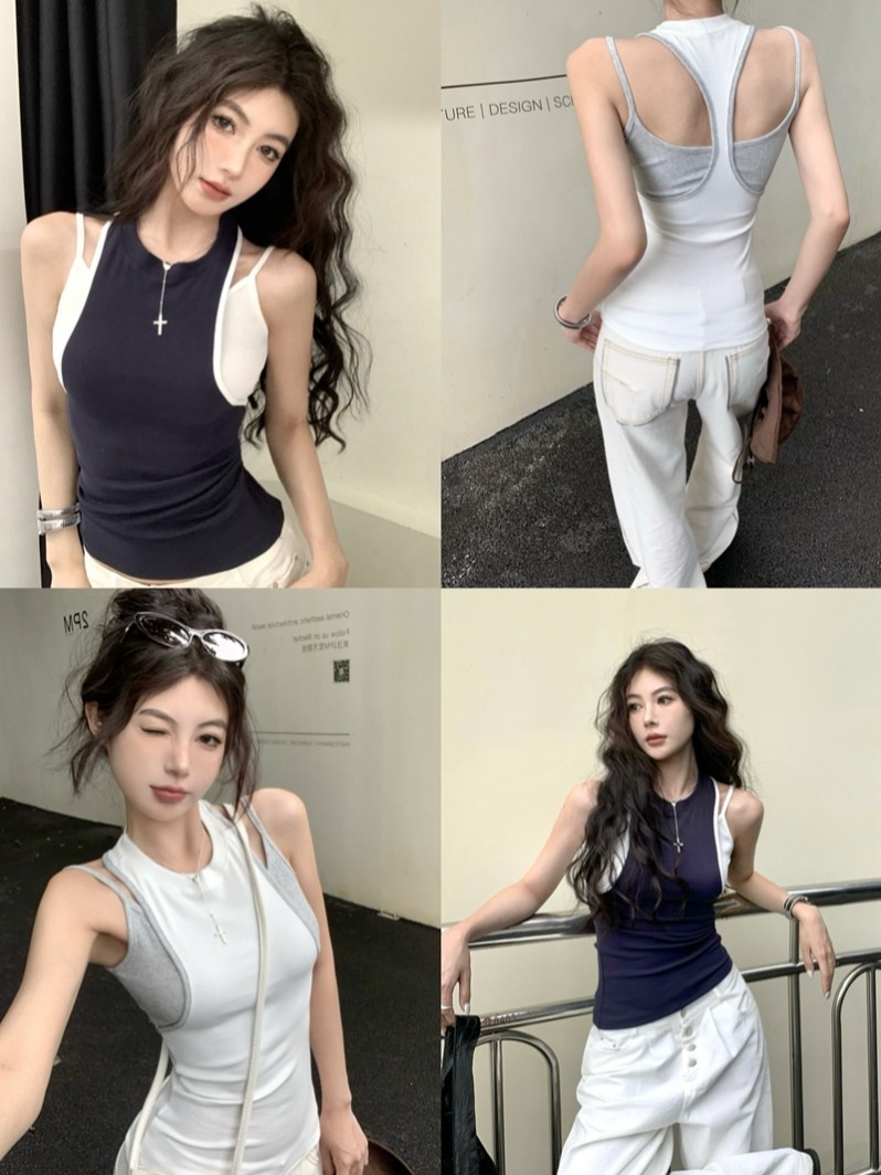 實拍夏季新款辣妹風高級感撞色顯瘦假兩件露背彈力背心上衣