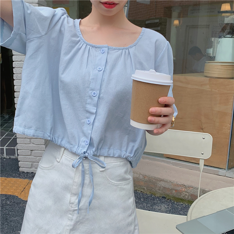 Real price new summer women's Cotton hemp drawstring top Korean Short Sleeve retro style shirt