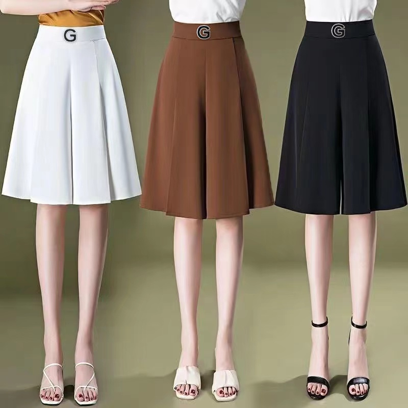 Summer thin high waist large size thin cover meat six point wide leg pants ice silk hanging feeling loose knee length skirt women