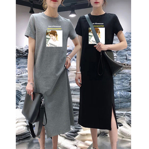 Summer short sleeve dress casual belly covering large women's loose medium length knee over bottomed T-shirt skirt