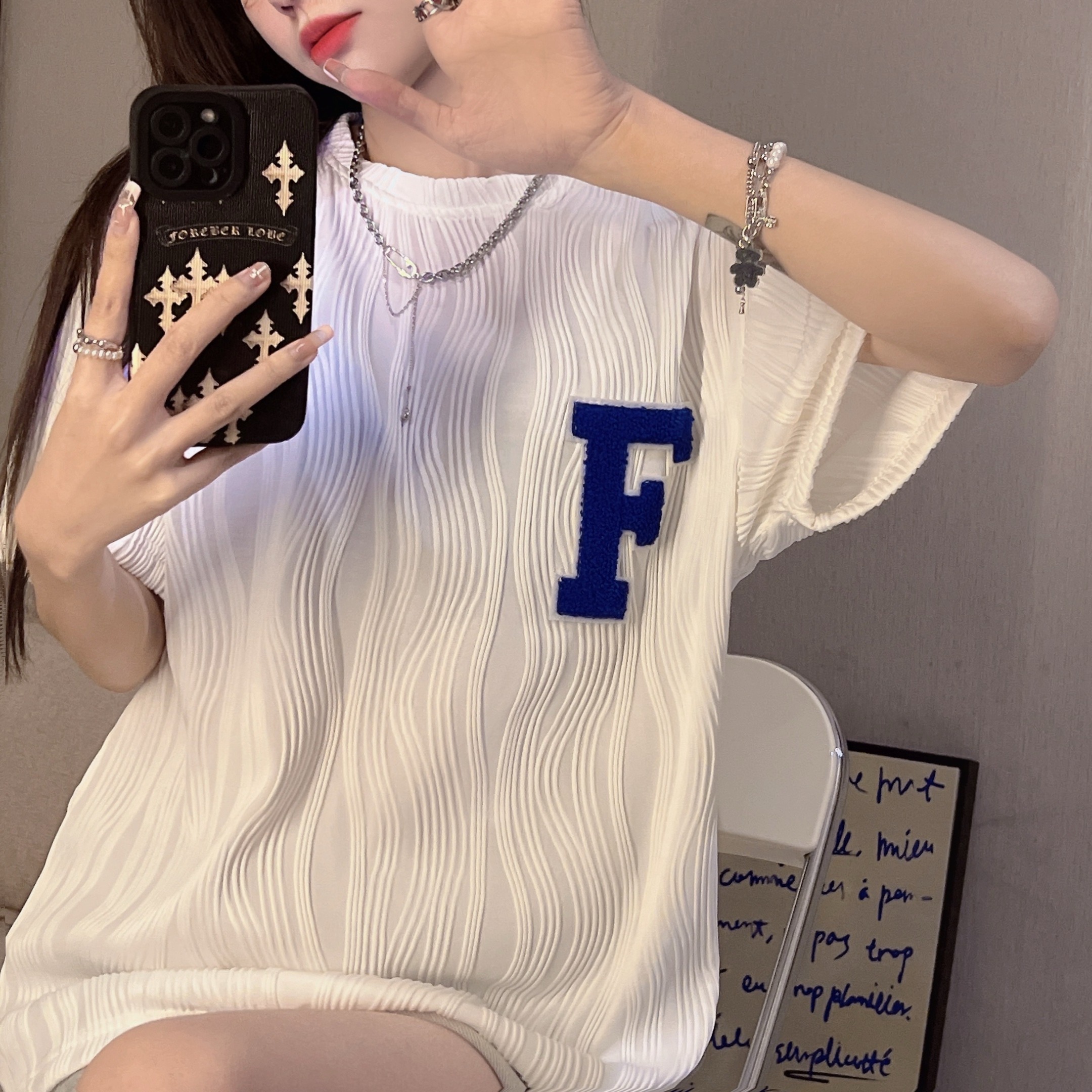 Real shot 100% fiber American ice towel embroidered short sleeved T-shirt women's Hong Kong fenggao street summer new top