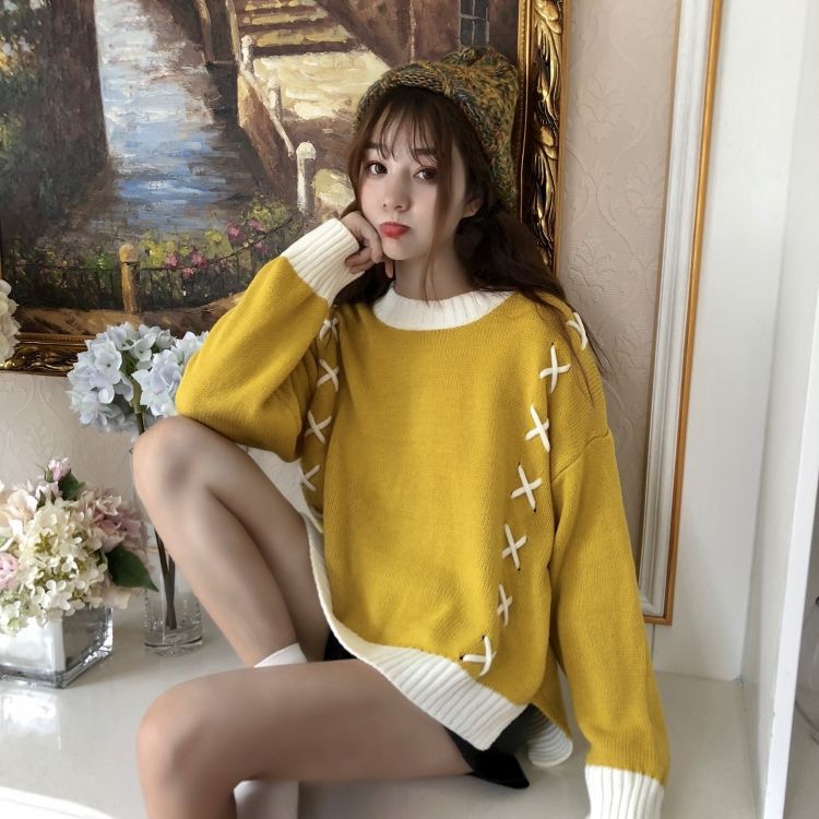 Autumn and winter new Korean version loose front short back long slit knitted round neck pullover short all-match women's sweater