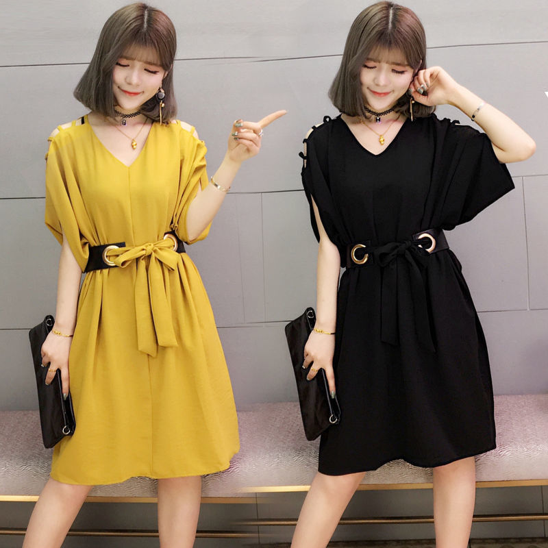 Oversize women's dress with leaky shoulders summer new fat sister bat sleeve loose skirt