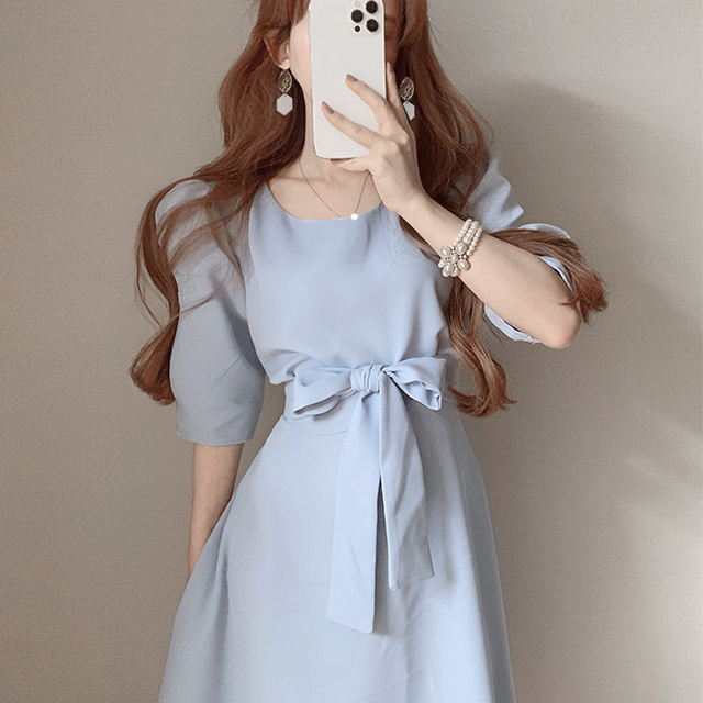 Korean chic retro simple solid color bow tie lace up waist Short Sleeve Dress