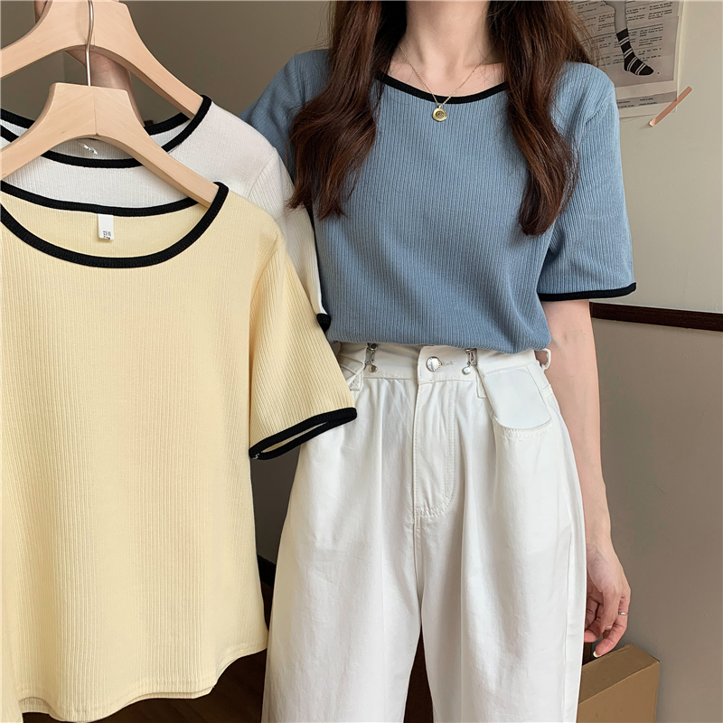Summer haze blue knitwear short sleeved top heart machine clavicle big neck loose design sense of minority half sleeved women
