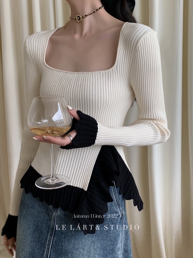 Autumn and winter foreign style thin irregular splicing color contrast elegant French square collar knitted sweater women's sweater