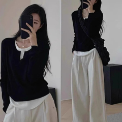 Quality inspector's picture of unique French style long-sleeved two-piece T-shirt for women, autumn and winter fashion color collision design sense undershirt 