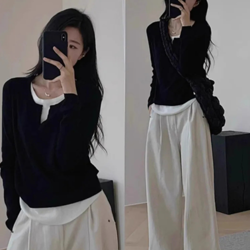 Quality inspector's picture of unique French style long-sleeved two-piece T-shirt for women, autumn and winter fashion color collision design sense undershirt 
