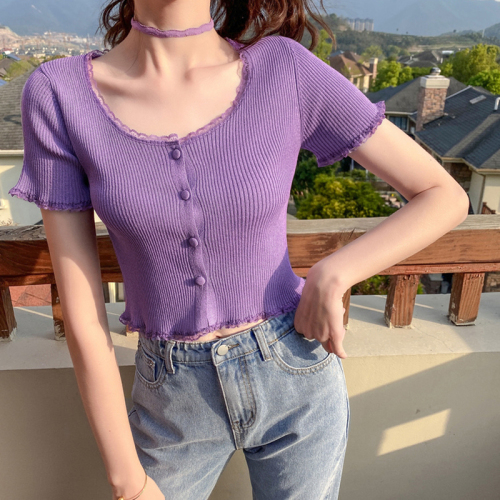 Mg Xiaoxiang westernized knitwear 2020 new women's fashion purple lace cardigan thin short slim top