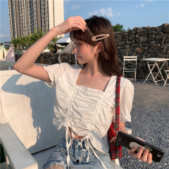 Real price 2021 new purple drawstring loose open navel short design Short Sleeve Shirt Blouse