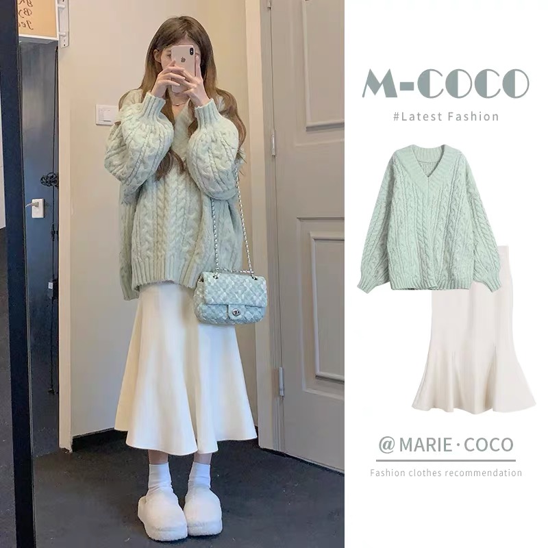 Korean college style sweater skirt two-piece suit autumn sweet milk cute pure milk dress