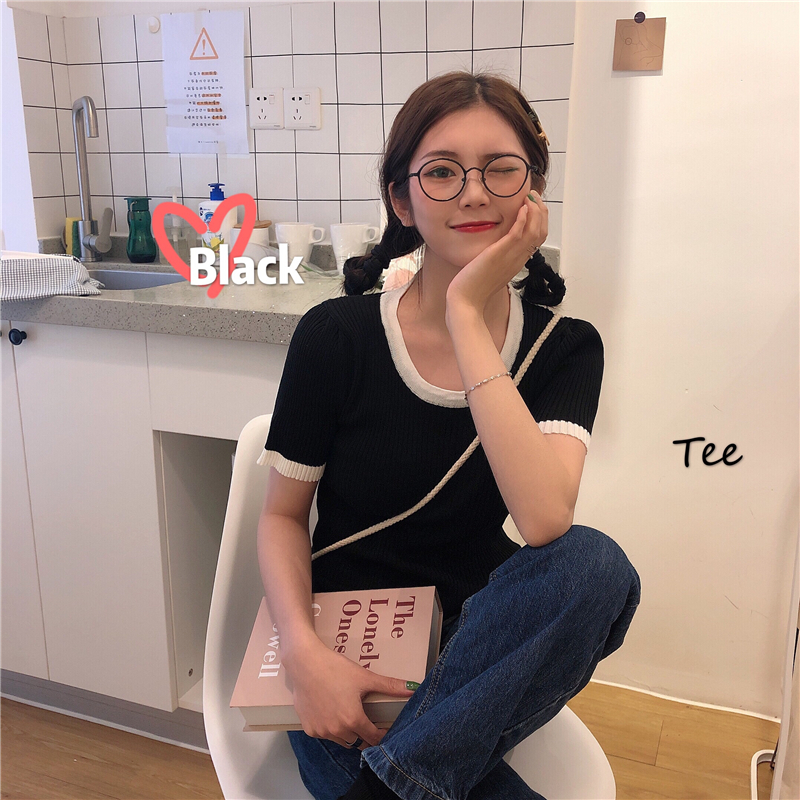 New Korean summer color matching round neck ice silk knitwear short sleeve T-shirt versatile top