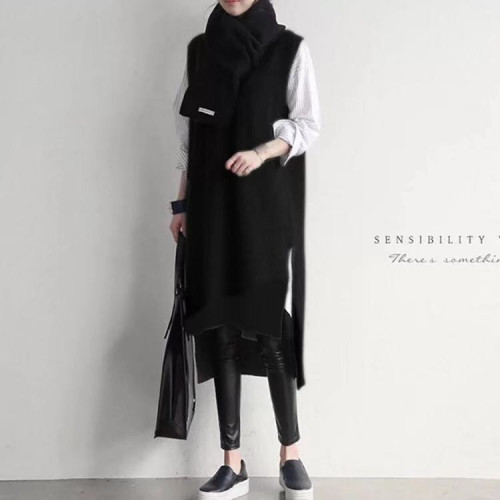 2020 Korean ins sweater vest front short back long vest skirt knitted V-neck thickened medium length wool dress