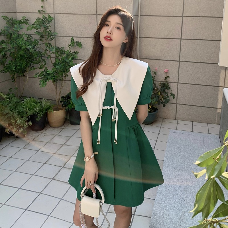 French Contrast Color Bowknot Suit Dress Female Summer Fat mm Retro Buckle Design Skirt