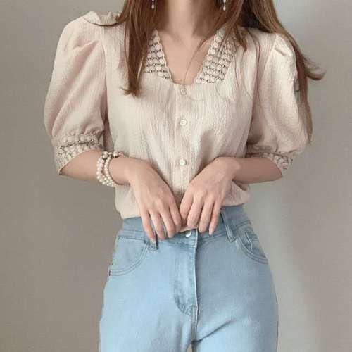 Korean chic bubble sleeve lace stitching Blouse Shirt