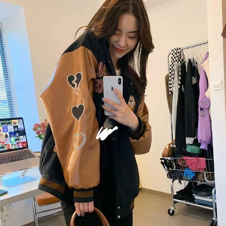 Leather-sleeved American retro baseball uniform woolen coat women's spring and autumn new ins trendy design couple jacket