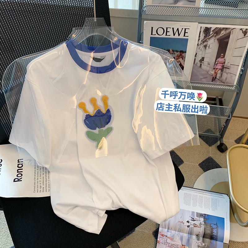 Cotton 2022 new short sleeved T-shirt women's towel embroidery