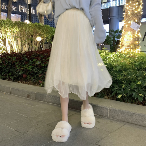 Gentle little fairy, high-end, gentle, mid-length A-line skirt, irregular mesh skirt, trendy