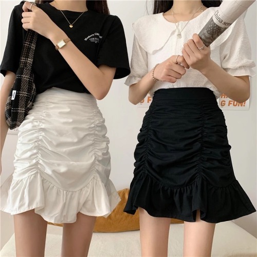 Pleated skirt high waist fishtail skirt  spring new versatile small sexy hip wrap thin short skirt