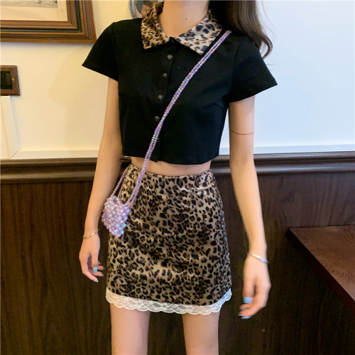Actual photo ~ leopard print Lapel short T-shirt + high waist lace leopard print A-line skirt