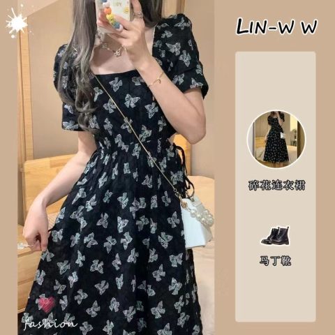 French minority design sense retro summer black dress women's waist is slim unique design long dress