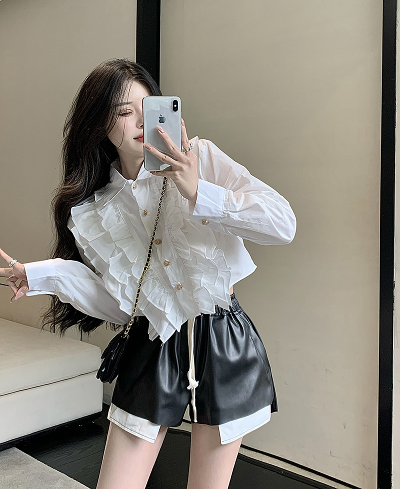 Real shot Chic design ruffled short long-sleeved shirt + pu leather black and white color matching drawstring shorts
