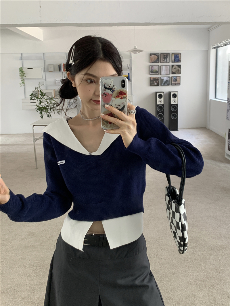 2022 autumn Korean version all-match self-cultivation color-blocking lapel fake two-piece short pullover long-sleeved knitted bottoming top
