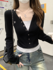 Actual shot of autumn Korean style slim fit contrasting color pure desire half-open collar button fake two-piece long-sleeved T-shirt with inner top