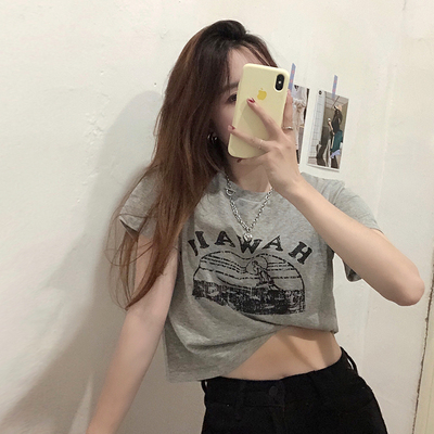 Gray short-sleeved t-shirt women's 2023 new summer loose all-match short top design sense niche ins trend