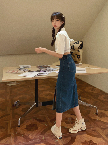 Women's high waist and thin split length blue slim skirt 2021 Xiaxin