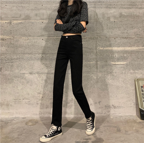 Real shot real price control 3 ~ high waisted slit slim Stretch Black Jeans female