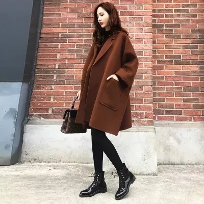 Off season double-sided cashmere coat women's  new autumn and winter medium long loose cocoon wool coat small man