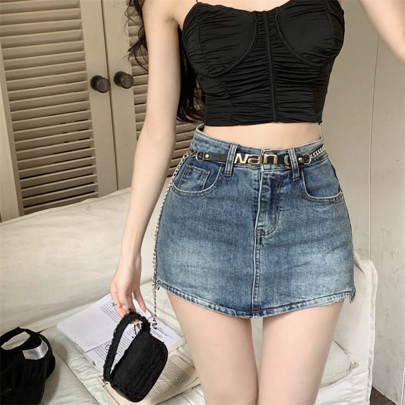 Real shot real price new English characteristic belt high waist denim short skirt pants anti-light design bag hip skirt