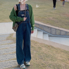 Spring and autumn jeans suspenders women's Korean version loose straight tube age reducing wide leg pants show skinny jeans