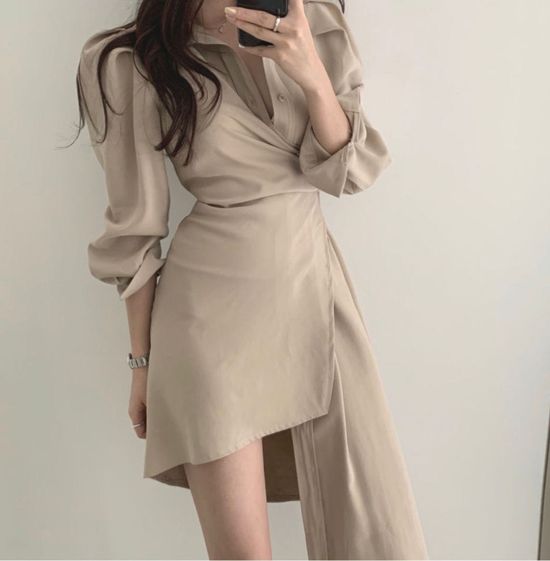 Autumn new ins Vintage irregular chiffon shirt dress