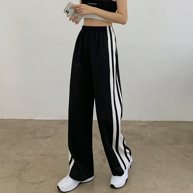 Real shooting of spring versatile sportswear vertical stitching loose floor wide leg casual pants men's and women's fashion