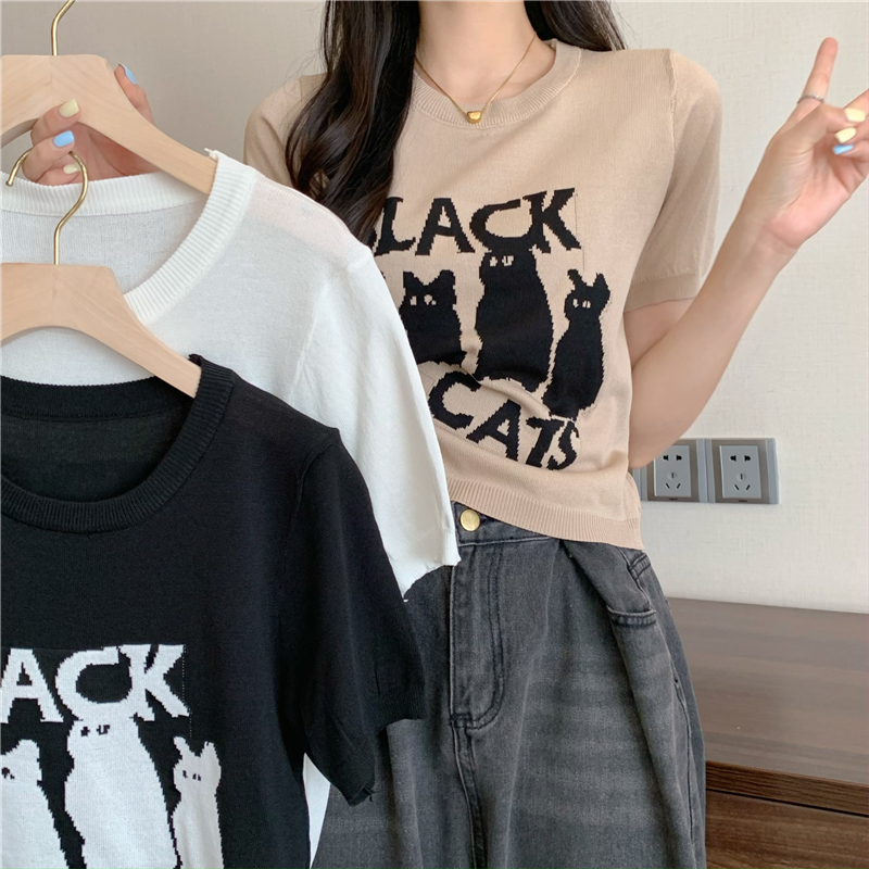 Real price sweet cool cat knitted short sleeve T-shirt women's loose short jacket