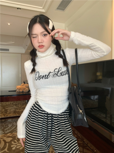 Real price, soft waxy plush, irregular high-necked letter printing, long-sleeved bottoming, T-shirt top