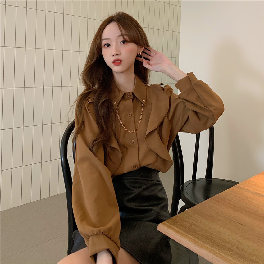 Real shot real price autumn new French retro Ruffle design feeling versatile thin chain shirt blouse
