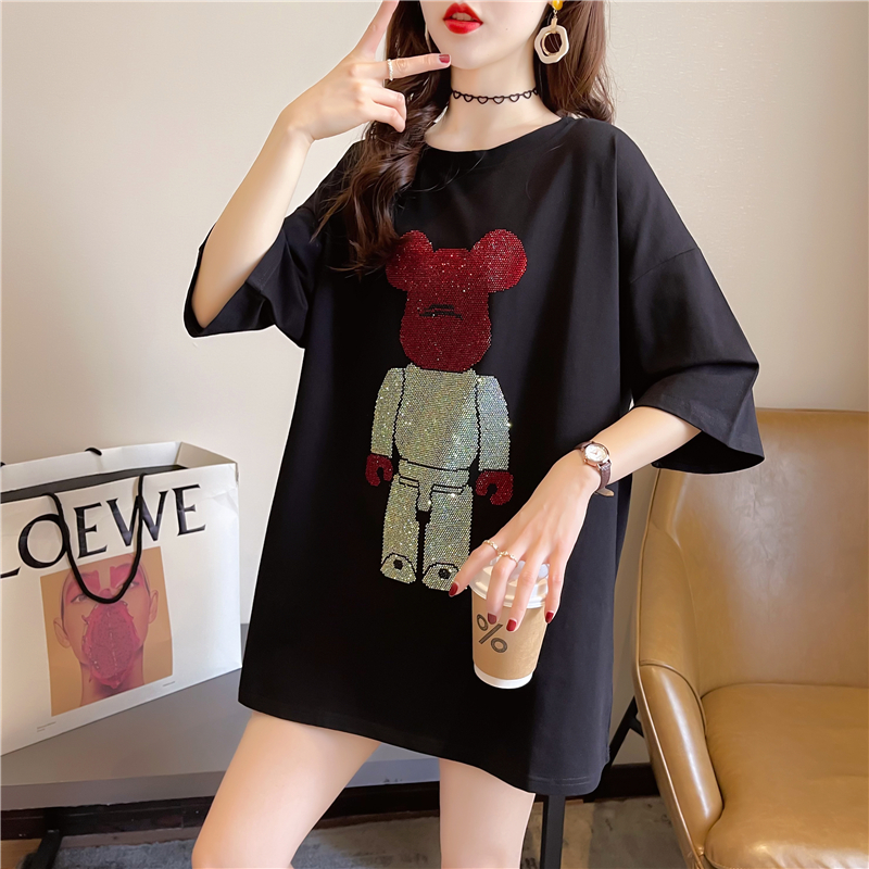 Real shot cotton cartoon hot drilling loose short sleeve T-shirt women's fashion 2021 new summer Korean clothes