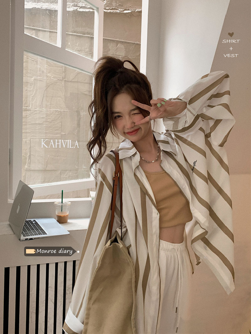 French Hong Kong style long-sleeved striped retro design loose niche thin sunscreen shirt women's summer cardigan top