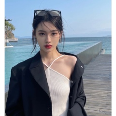 White pure desire wind off shoulder hollow out top cross short knitted vest