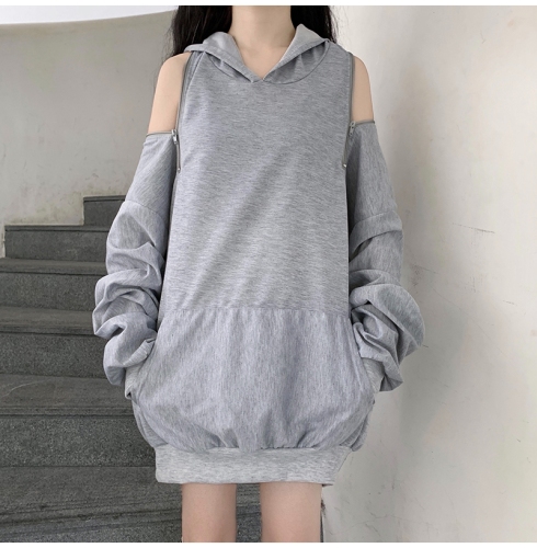 Official picture gray hooded sweater women's dark style new off-the-shoulder pullover top autumn loose tide