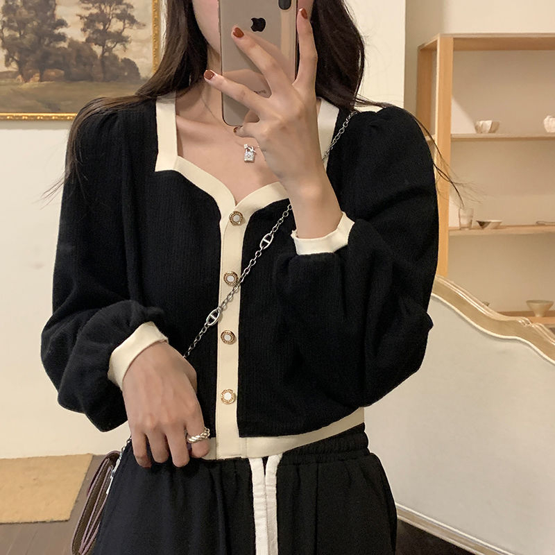 Cardigan short top women's spring and autumn new long-sleeved t-shirt loose lazy wind bottoming shirt fu ancient coat tide