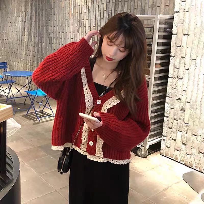 Lace stitching sweater cardigan women's loose Korean long sleeve knitted jacket autumn winter 2020 new top women's fashion