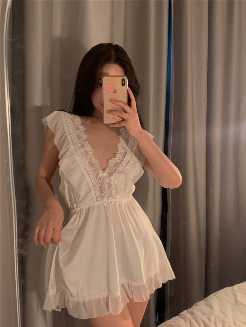 Real shot real price sexy pajamas female ice silk small chest pure desire high-end lace suspender nightdress