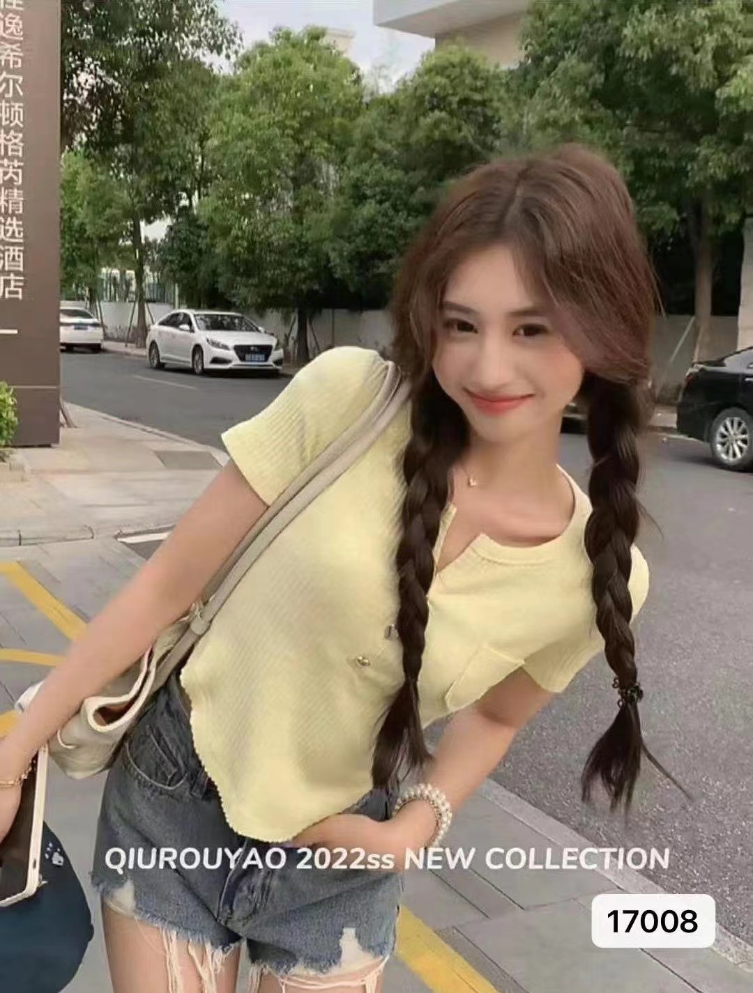 New summer full shoulder commuting V-neck short sleeve short style slim fit high waist chic T-shirt women small fashion