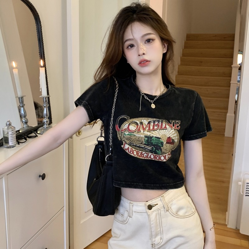 6535 pull frame cotton pure desire hot girl black printed shoulder short-sleeved T-shirt female summer self-cultivation